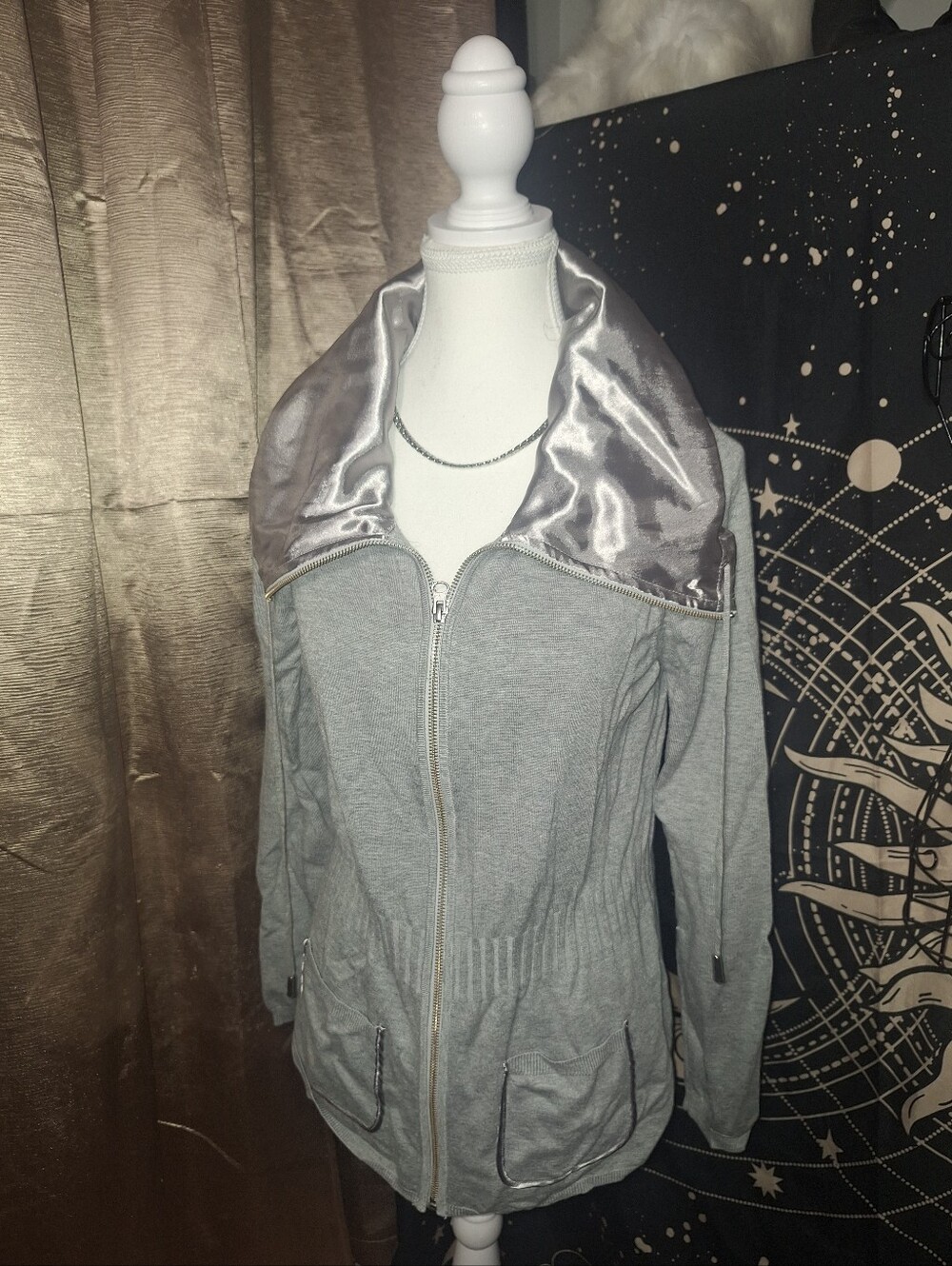 NWT CHRISTOPHER BANKS Gray Women's Zip-Front Jacket with Satin Collar